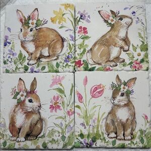 🐰🌸Floral Bunny Ceramic Tile coasters